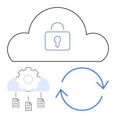 Güvenlik için asma kilitli bulut, ayarlar için teçhizat, senkronize etmek için aşağıda paylaşılan oklarla paylaşılan dosyalar. Teknoloji, güvenlik, depolama, yönetim, organizasyon paylaşım yeniliği için idealdir. Düz basit