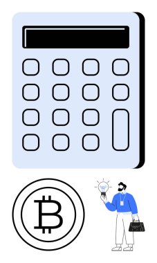 Bitcoin logosunun yanında dijital hesap makinesi ve içinde ampul olan bavulu tutan bir iş adamı. Finans, kripto para, yenilik, iş, teknoloji, yatırım, girişimcilik için idealdir. Düz