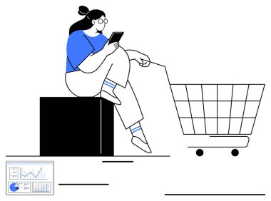 Bir blok ötede oturan bir kadın yakınlarda bir alışveriş arabasıyla akıllı telefonunu kontrol ediyor. E-ticaret, çevrimiçi alışveriş, dijital pazarlama, tüketici alışkanlıkları, perakende satış, teknoloji, veri güdümlü içgörüler için ideal