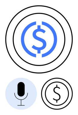 Dairesel para birimi sembolü, açık mavi arkaplan içinde mikrofon simgesi ve minimum para birimi grafiği. Fintech, yatırım, finans, ödeme, dijital ekonomi, otomasyon sade iniş sayfası için ideal