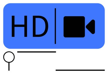 Mavi arkaplanda kamera simgesi olan HD metin, minimal büyüteç. Yayın, video düzenleme, film yapımı, içerik oluşturma, teknoloji uygulamaları, multimedya, basit iniş sayfası için ideal