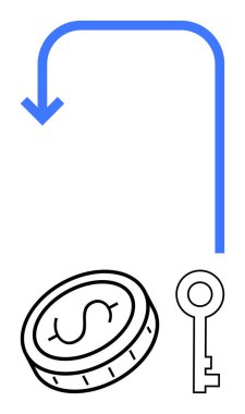 Dolar madeni parasının ve anahtarın üzerindeki mavi ok, mali yönü, karar verme mekanizmasını, rehberliği iletiyor. Finans, yatırım, tasarruf, anahtar çözümler, güvenlik kilidini açmak için ideal basit