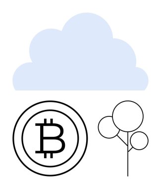 Minimalist bulut, Bitcoin çemberi ve soyut ağaç ana hatları teknoloji ve ekolojiyi harmanlıyor. Engelleme zinciri, çevre, büyüme, bulut hesaplama, sürdürülebilirlik yeniliği için idealdir. Düz
