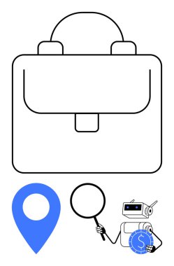 Robot elinde finansal büyümeyi araştıran büyüteç, otomasyonu, yer tespitini ve problem çözmeyi sembolize ediyor. İş için ideal, yapay zeka, finans, analiz, teknoloji araştırma otomasyonu. Düz