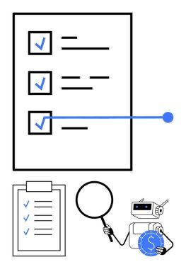Robot kontrol listesini büyüteçle analiz ediyor, görevler tamamlandı olarak işaretlenmiş. Organizasyon, verimlilik, zaman yönetimi, yapay zeka, otomasyon, iş akışı optimizasyon görev öncelikleri için idealdir. Düz