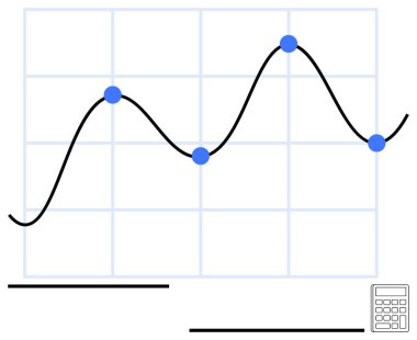 Mavi veri noktalarına sahip çizgi grafiği ve veri analizi, ilerleme ve planlamayı temsil eden bir hesap makinesi. İstatistikler, tahminler, işletmeler, eğitim, bilim ve mali raporlar için ideal