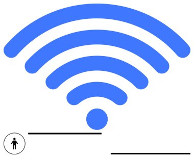 Temeli küçük bir insan figürüne sahip büyük mavi kablosuz sinyal ikonu, bağlantıyı, iletişimi, teknolojiyi, dijital erişimi, küresel erişimi, ağları ve yeniliği gösteriyor. İdeal