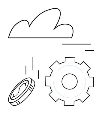 Bulut şekli, bozuk para düşüşü ve teçhizat dijital dönüşümü, finansal teknolojiyi, otomasyonu ve iş verimliliğini sembolize eder. Teknoloji, ekonomi ve finans işbirliği yeniliği için ideal