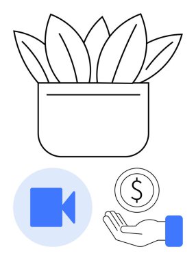Büyümeyi sembolize eden saksı bitkisi, maddi destek için para eli, ve dijital iletişim için video ikonu. Finans, sürdürülebilirlik, yatırım, eğitim, ekoloji ve medya için ideal