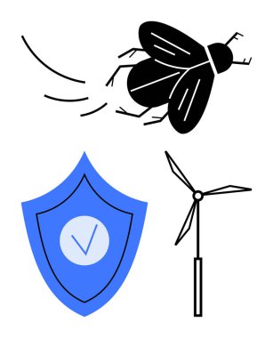 Uçan böcek hareket halinde, işaretli koruyucu kalkan ve rüzgar türbini. Çevre bilinci, yenilenebilir enerji, sürdürülebilirlik, çevre güvenliği, doğa koruma, modern enerji, basit enerji