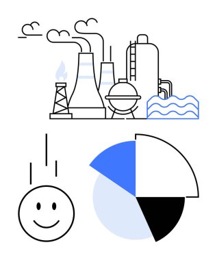 Gaz yayan bacaları, sanayi kuleleri, su dalgaları, gülen yüz ve pasta grafiği olan bir fabrika. Endüstri, enerji, çevresel sürdürülebilirlik verileri iş ilerlemesi için idealdir. Düz basit