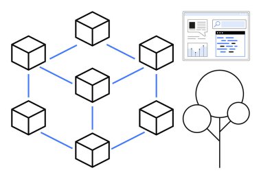 Birbirine bağlı küpler bir engelleme ağı içinde, veri gösterge paneli ve büyümeyi sembolize eden ağaç. Engelleme zinciri, veri yönetimi, yenilik, teknoloji, ademi merkeziyet, verimlilik için ideal