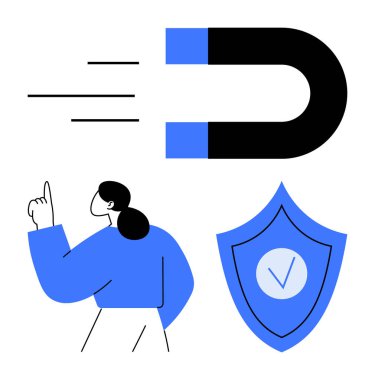 Mıknatıs yukarı bakan bir kişi ve emniyeti gösteren işaretli bir kalkan ile çekim kuvveti. Takım çalışması, liderlik, güven, yenilik, strateji, büyüme, basit iniş sayfası için ideal