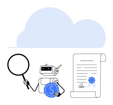 Robot, sertifikalı yasal belgenin altında büyüteç ve para tutuyor. Yapay zeka, dijital güvenlik, bulut teknolojisi, finans, engelleme zinciri, analiz, otomasyon için ideal. Düz basit