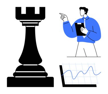 Satranç kalesi stratejiyi sembolize ediyor, iş analisti panoyu işaret ediyor, veri eğilimlerini gösteren grafiği çiziyor. Planlama, strateji, analiz, takım çalışması, büyüme çözümleri liderliği için idealdir. Düz basit