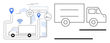 GPS konum pimleri, paket simgeleri ve kablosuz bağlantı hatları olan teslimat kamyonu. Ulaşım, lojistik, tedarik zinciri, dağıtım hizmetleri, navigasyon, nakliye takip akıllı için ideal