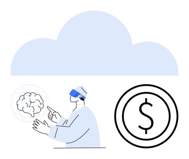 Yapay zeka bilimadamı sinir ağı modeli, dolar para birimi simgesi ve bulut ile etkileşim halindedir. Teknoloji yeniliği, yapay zeka, bulut hesaplama, veri analizi, gelecek teknolojisi, basit iniş sayfasını finanse etmek için ideal