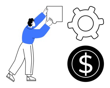 Yapboz parçasını bir dişli ve dolar işaretinin yanına yerleştiren kişi. Strateji, takım çalışması, planlama, ilerleme süreci, problem çözme, operasyonlar, iş kavramları için idealdir. Düz basit metafor