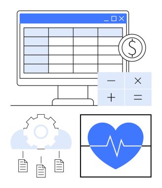Hesap tablosu, hesap makinesi, teçhizatlı ve belgeli bulut deposu ve kalp atış hızı monitörü olan bilgisayar ekranı. Finans, analiz, teknoloji, sağlık, veri yönetimi entegrasyon işi için ideal