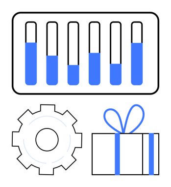 Mavi seviyeli ilerleme çubuğu, optimizasyon için çizilmiş dişli ve kurdele tasarımı olan hediye kutusu. Ödül programları, üretkenlik, başarı, süreç iyileştirme, hedef belirleme, iş
