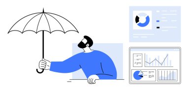 Şemsiye tutan iş adamları koruma kavramını, grafikleri, veri tablolarını ve analitik ekranları görselleştiriyor. Risk önleme, sigorta, iş güvenliği ve analitik strateji için ideal