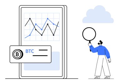 Grafik ve BTC etiketli Bitcoin fiyat eğilimlerini gösteren akıllı telefon. Soruşturma sırasında elinde büyüteç tutan kişi. Kripto para birimi, analitik, finans, mobil uygulamalar, engelleme zinciri, eğitim için ideal