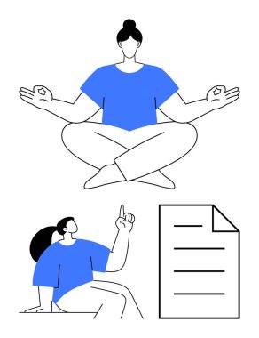 Kadın bacak bacak üstüne atmış, elleri açık meditasyon yapıyor, diğeri de belgenin yakınına işaret ediyor. Farkındalık, beyin fırtınası, eğitim, planlama, sağlık ve verimlilik için ideal. Düz basit