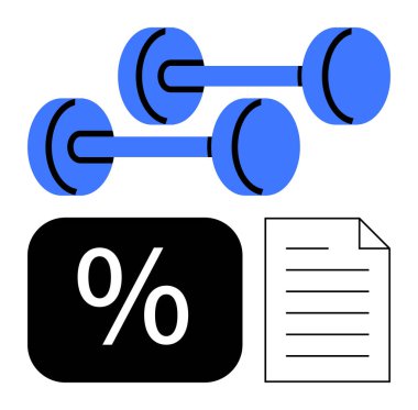 Dambıllar, kara kutuda yüzde işareti, ve belge egzersiz rutinlerini, fitness hedeflerini, analitiği, izleme sürecini sembolize ediyor. Sağlık, egzersiz ve veri planlaması için ideal motivasyon sağlığa yol açar