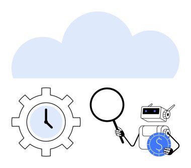 Saat dişlilerinin üstünde bulut, büyüteç ve para tutan yapay zeka robotu. Üretkenlik, otomasyon, bulut hizmetleri, zaman izleme, yapay zeka teknolojisi veri analizi finansmanı için idealdir. Düz basit