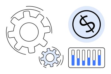 Süreç verimliliğini temsil eden vitesler, finansal büyüme için dolar işareti ve performans takibi için bir bar tablosu. Finans, analitik, üretkenlik, optimizasyon, strateji, planlama için ideal