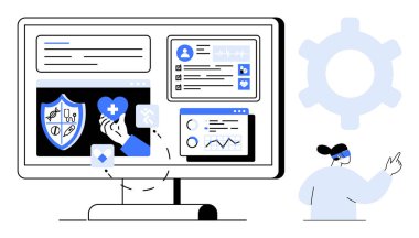 Sağlık kayıtları, çizelgeler ve simgelerin yer aldığı veriye dayalı sağlık ekranı ekranda. El kol hareketi. Teknoloji, sağlık, yenilik, üretkenlik, analiz dijital sistemler için ideal