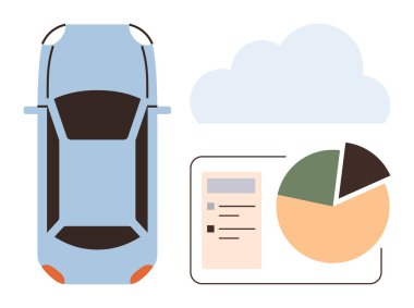 Bulut ve veri görselleştirmesi ile birlikte turta grafiği ve kontrol listesi olan bir arabanın üst görüntüsü. Teknoloji, analitik, hareketlilik, bulut entegrasyonu, yenilik, IOT, akıllı çözümler, basit iniş