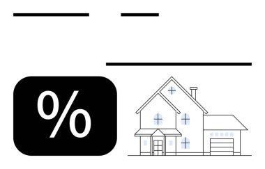Pencereli, garajlı ve bacalı evin yanındaki siyah yüzdelik sembol. Gayrimenkul, ev kredisi, emlak yatırımı, ipotek, konut piyasası finansal planlama tasarrufları için ideal. Temiz
