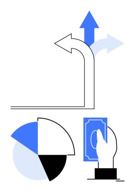 Büyüme yönünü sembolize eden yukarı ok yolu, veri analizini simgeleyen pasta tablosu ve mali işlemleri gösteren el ele tutuşan para. Mali strateji, ekonomik planlama ve iş için ideal