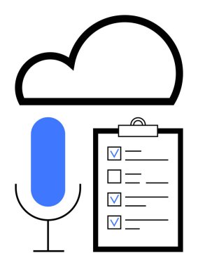 Bulut, mikrofon ve kontrol panosu dijital depolama, ses kaydı ve görev yönetimini vurguluyor. Üretkenlik, iletişim, organizasyon, online araçlar takım çalışması bulutu için ideal