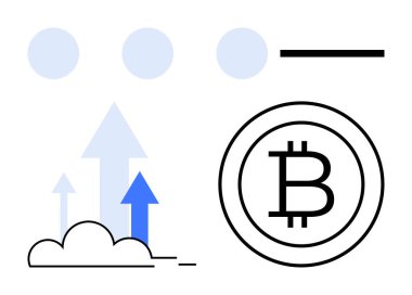 Buluttan yükselen oklar yanında bitcoin sembolü, büyümeyi, yeniliği ve dijital olanakları temsil ediyor. Finans, yatırım, teknoloji, engelleme zinciri, kripto para birimi dijital için ideal