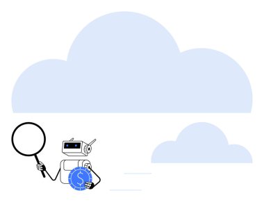Robot büyüteç ve para birimi simgesi tutuyor, bulut ortamını keşfediyor. Teknoloji, yapay zeka, finans, veri analizi, yenilik ve bulut sistemleri için ideal. Düz basit metafor