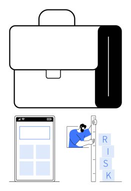Evrak çantası simgesi, mobil arayüz tasarım ızgarası, risk blokları olan kişi ölçüm kulesi. Finans, iş planlaması, uygulama tasarımı, proje yönetimi, yatırım, değerlendirme için ideal