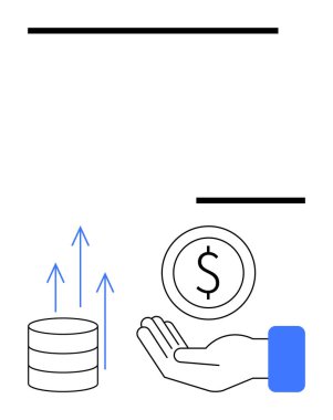 Yukarı doğru büyümeyi sembolize eden okları olan bozuk para yığını, bir dolar sikkeyi tutan açık el. Finans, yatırım, tasarruf, büyüme, ekonomi, işletme ve basit iniş sayfası için ideal