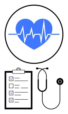 EKG hattı, steteskop ve tıbbi kontrol listesi olan mavi kalp atışı sembolü. Sağlık, sağlık, teşhis, sağlık hizmetleri, hasta bakımı, sağlık bilinci için ideal bir iniş sayfası