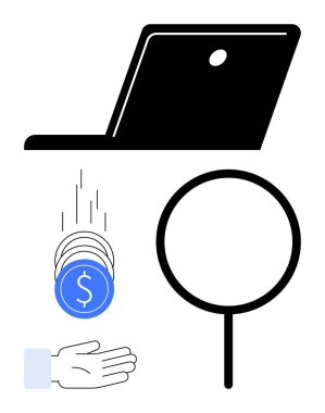 Dizüstü bilgisayar, büyüteç, eline para düşmesi dijital finans, yatırım, araştırma ve kaynak yönetimini simgeliyor. E-ticaret, fintech, tasarruf yatırım analizi için ideal basit pazarlama