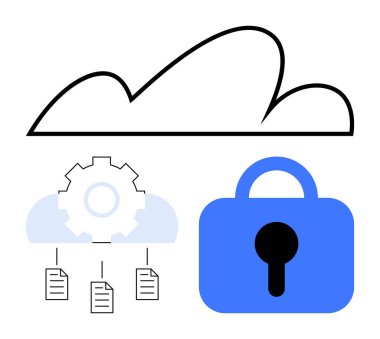 Dişliler, dosyalar ve mavi asma kilit içeren bir bulut silueti. Güvenli veri paylaşımını, depolamayı ve mahremiyeti simgeliyor. Siber güvenlik, bulut hizmetleri, veri koruması ve dijital güvenlik dairesi için ideal