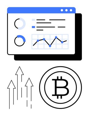Bitcoin sembolü, finansal grafik ve yükselen ok göstergeleri ile veri analiz platformu arayüzü. Finans, kripto para birimi, blok zinciri, ticaret, yatırım, büyüme stratejisi için ideal dijital