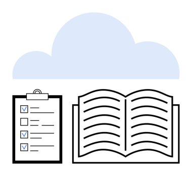 Bulut çizgisi altında kontrol işaretleri olan bir kitap ve kontrol listesi aç. Eğitim, görev yönetimi, çevrimiçi öğrenim, bilgi paylaşımı, organizasyon, üretkenlik ve basit bir iniş sayfası için ideal