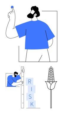 Elinde bir parça tutan, RISK 'e blok düzenini ölçen ve çiftçiliği sembolize eden tahıl, kararlar. İş, strateji, analiz, tarım, risk yönetimi kararı için ideal