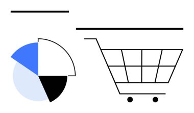 Segmentli turta grafiğinin yanında mavi, siyah ve beyaz alışveriş arabası. Perakende, e-ticaret, piyasa analizi, tüketici davranışı, satış takibi, veri içgörüleri düz metafor