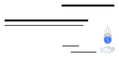 Para transferi, iş, yatırım, tasarruf, maaş ve finansal planlamayı gösteren bir işaretle bozuk para yakalamak için el uzatıldı. Bankacılık, uygulama ödeme işlemcileri ve fintech için ideal