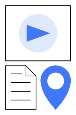 Mavi çalma tuşu, satırlı belge, ve içeriği, navigasyonu ve dokümantasyon kavramlarını gösteren harita simgesi. Medya, teknoloji, eğitim, iş akışı organizasyonu için ideal