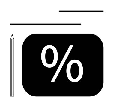 Kalın siyah bir dikdörtgen içinde yüzde işareti, minimum yatay çizgiler ve bir kalem. Finans, istatistik, hesaplama, eğitim, iş, analiz tasarrufları için ideal sade metafor