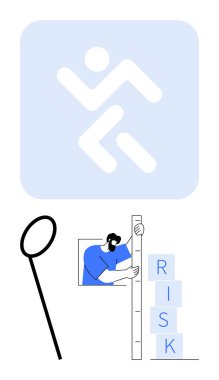 Soyut figür koşma, risk bloklarını ölçekle ölçen kişi, büyüteç. Risk yönetimi, iş büyümesi, analiz, strateji, yenilik, karar veren basit iniş sayfası için ideal